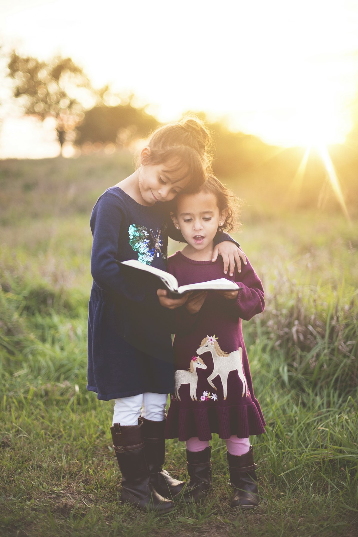 Two children reading a book together in a field at golden hour
