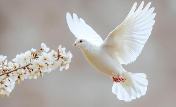 A white dove in flight, reaching towards a branch of white blossom